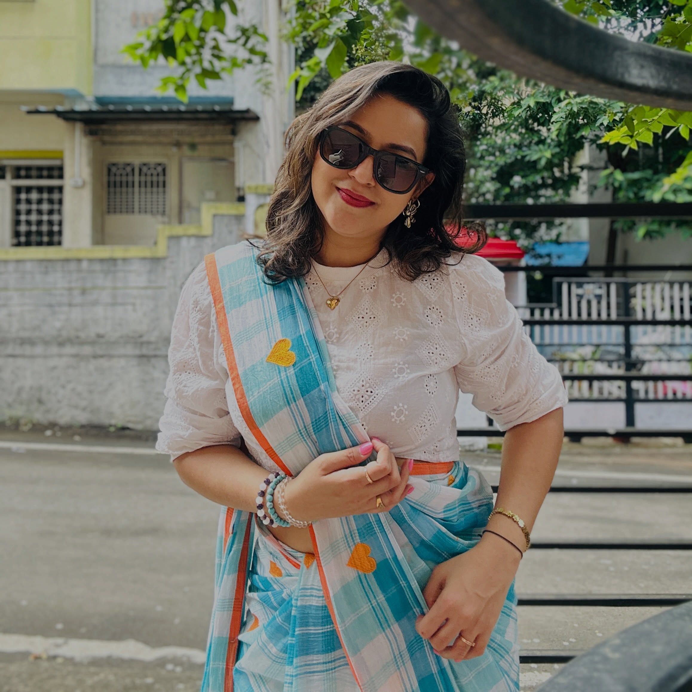 Amruta Bane Sky Blue Checks Saree Look