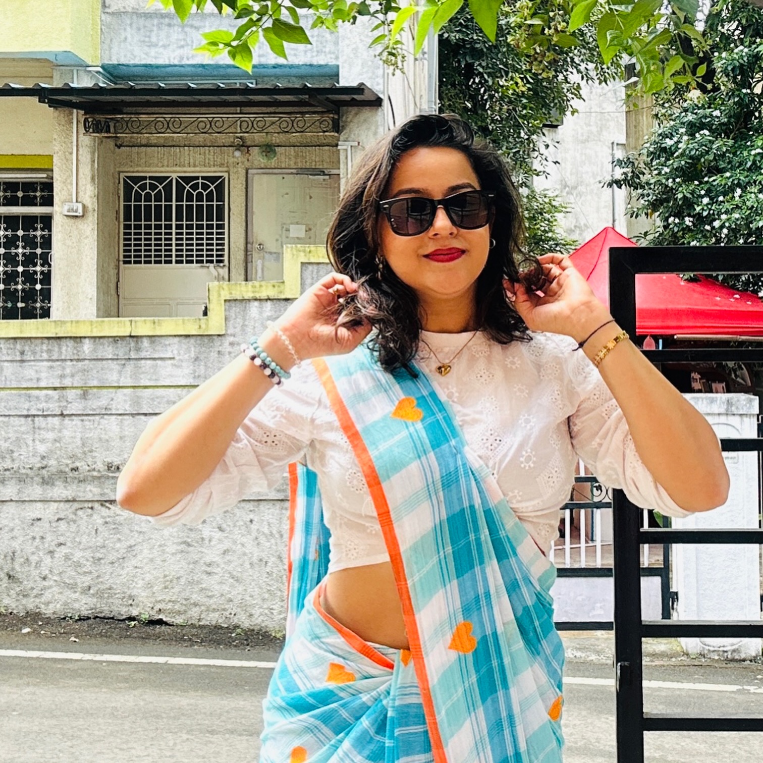 Amruta Bane Sky Blue Checks Saree Look