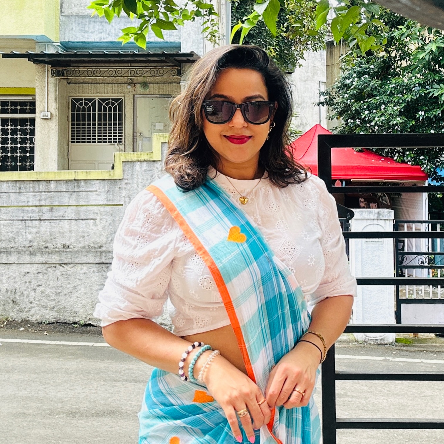 Amruta Bane Sky Blue Checks Saree Look