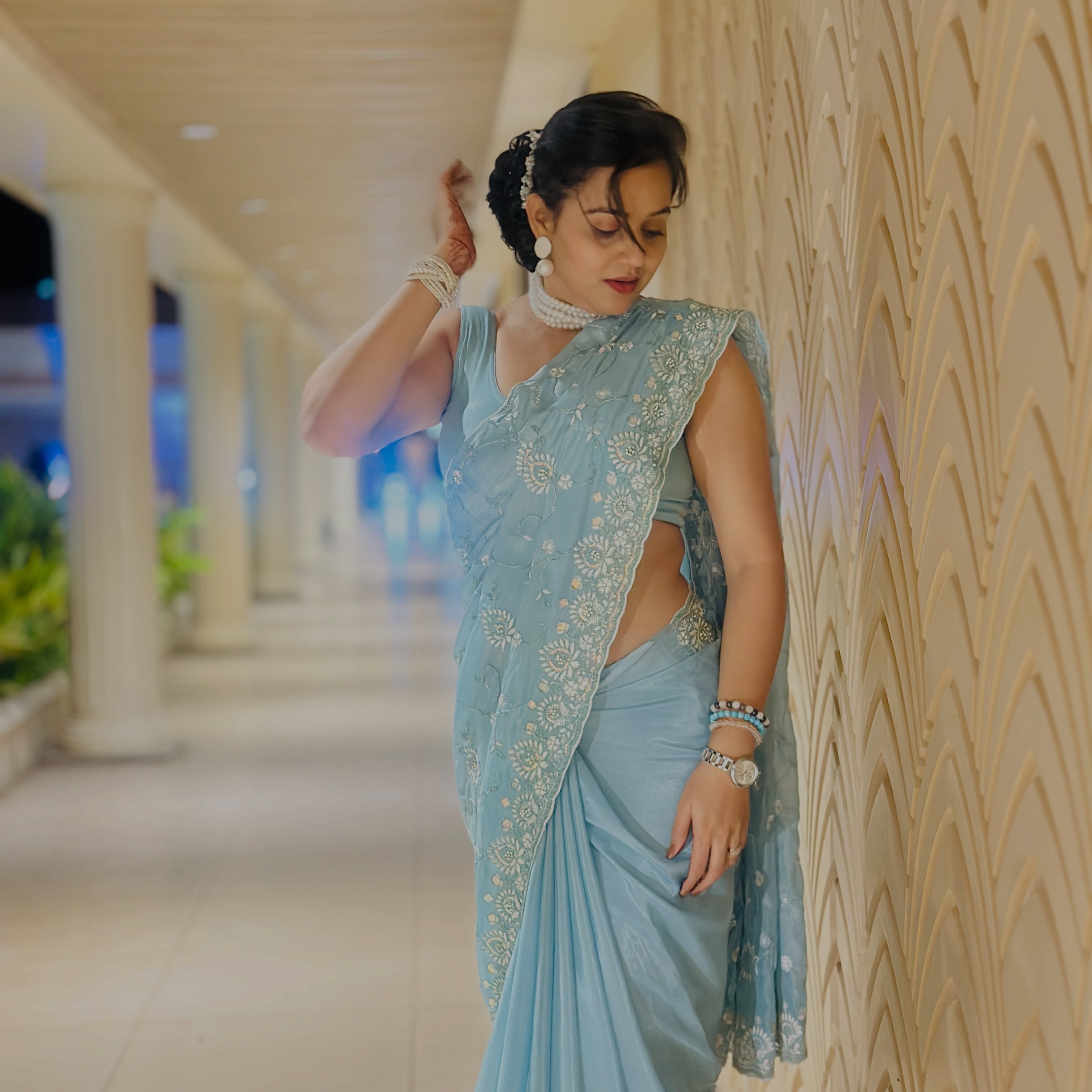 Amruta Bane Sky Blue Checks Saree Look
