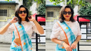 Amruta Bane Sky Blue Checks Saree Look