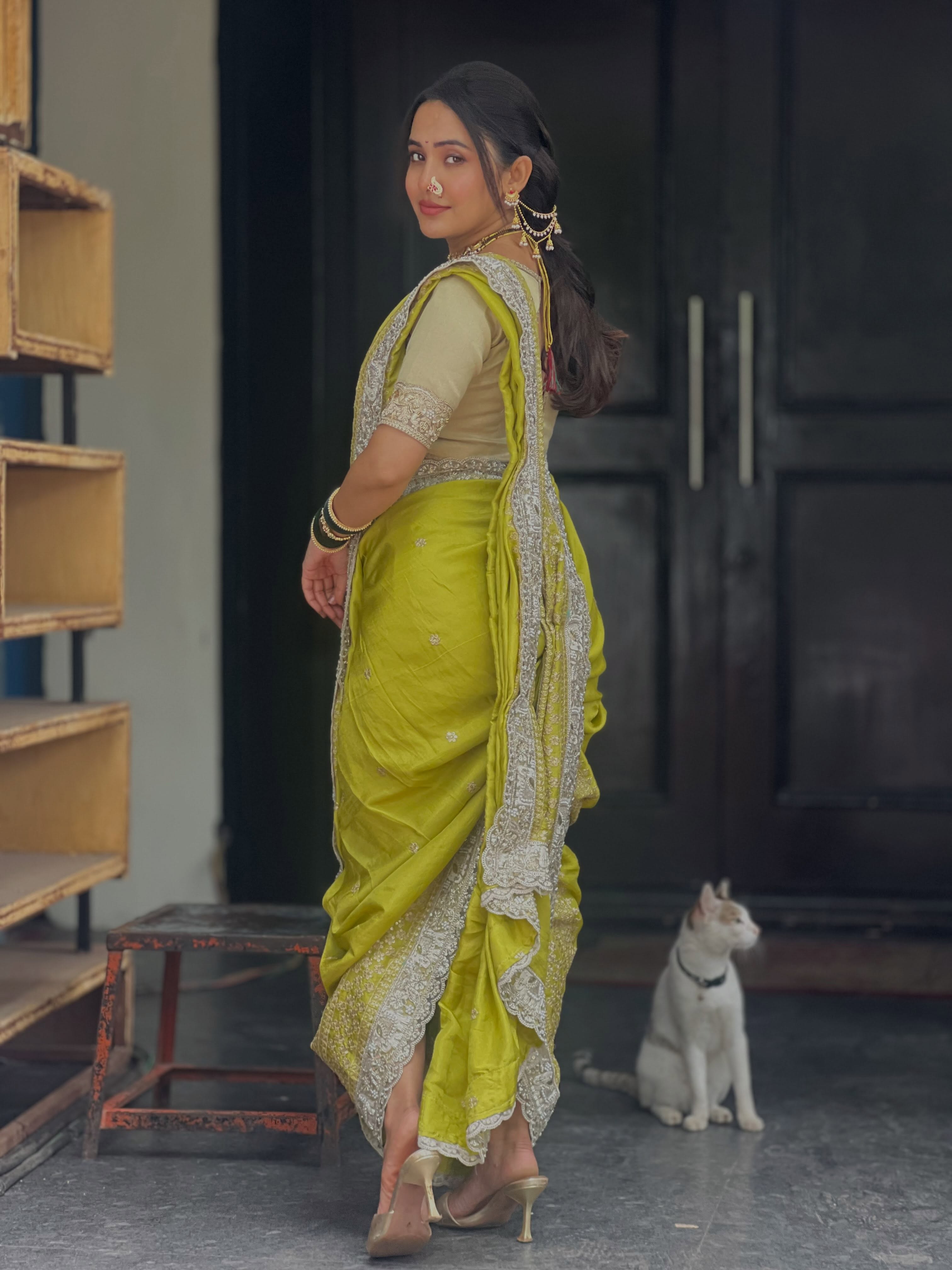Anushka Sarkate Green Nauvari Saree Look