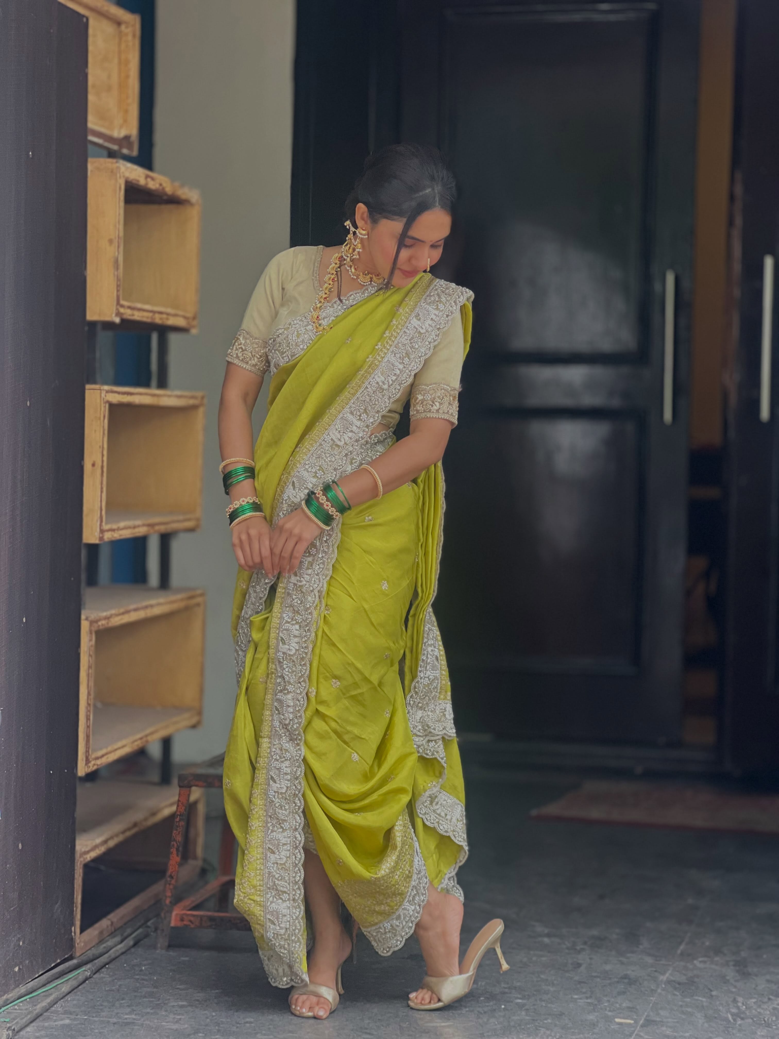 Anushka Sarkate Green Nauvari Saree Look