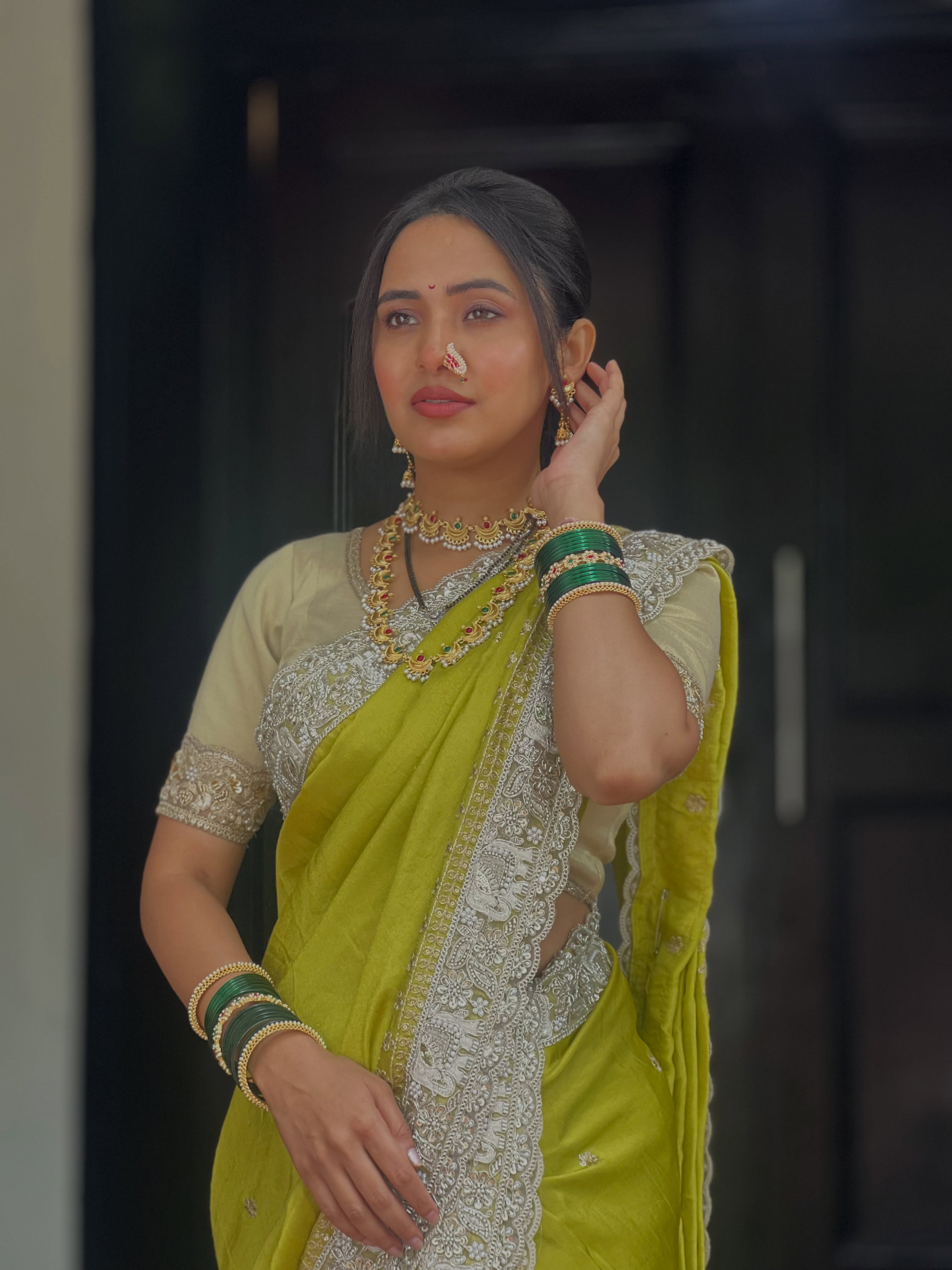 Anushka Sarkate Green Nauvari Saree Look