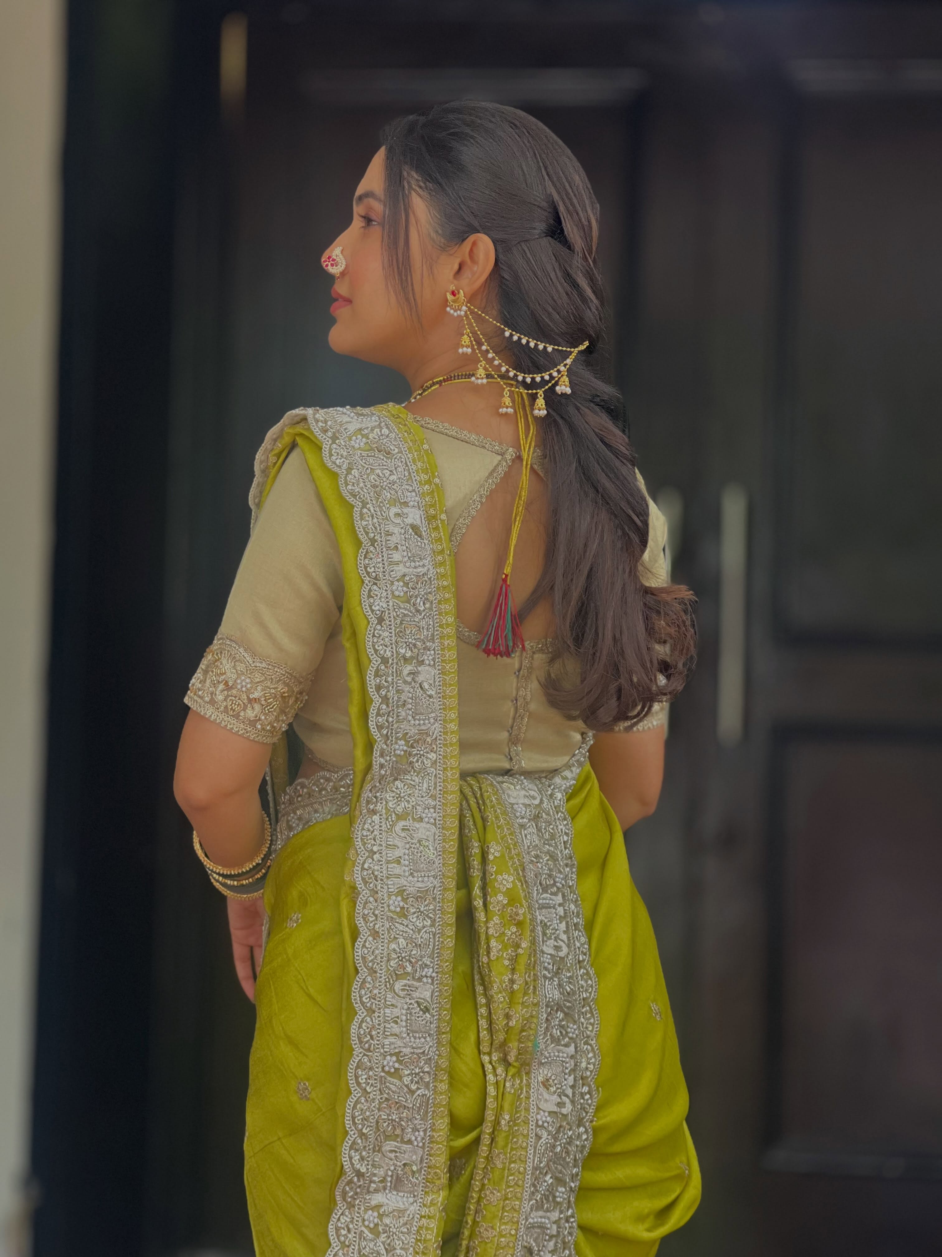 Anushka Sarkate Green Nauvari Saree Look