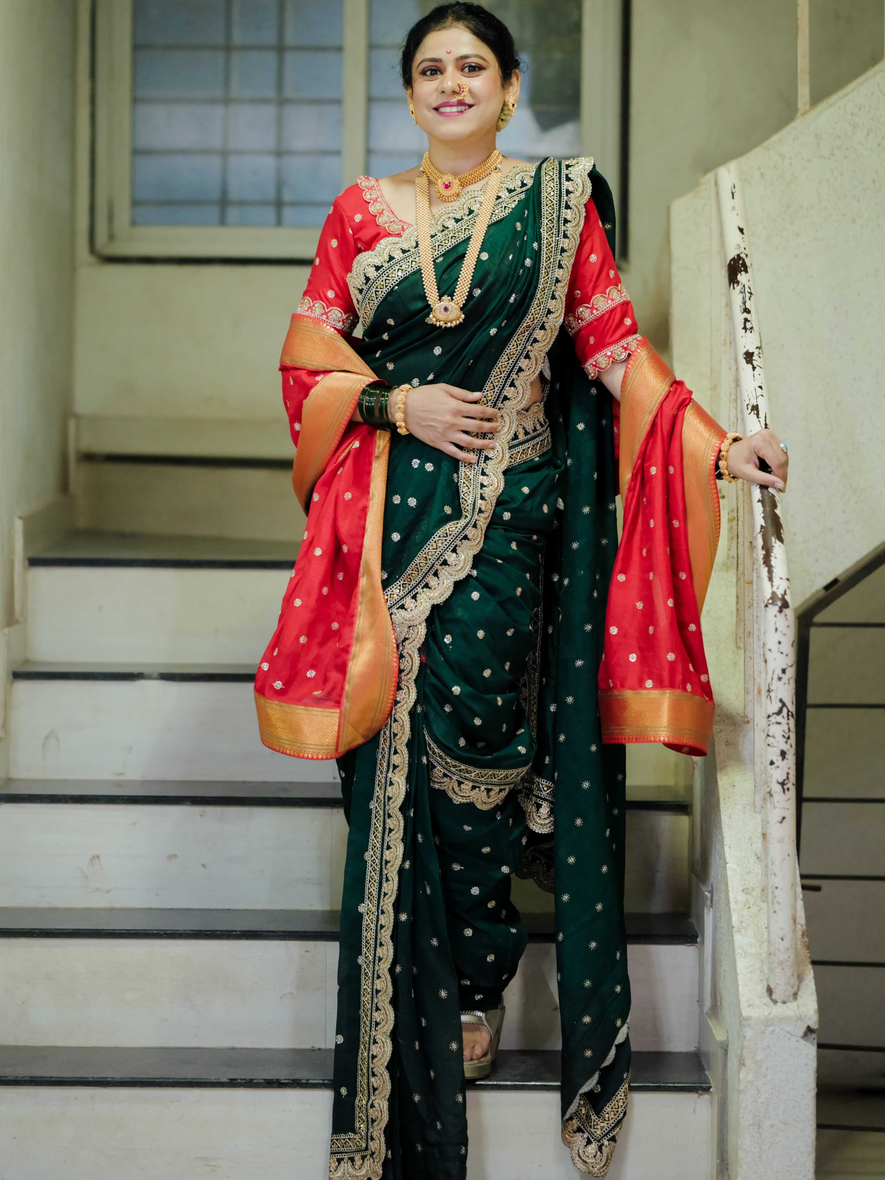 Ashvini Mahangade Green Nauvari Saree Look