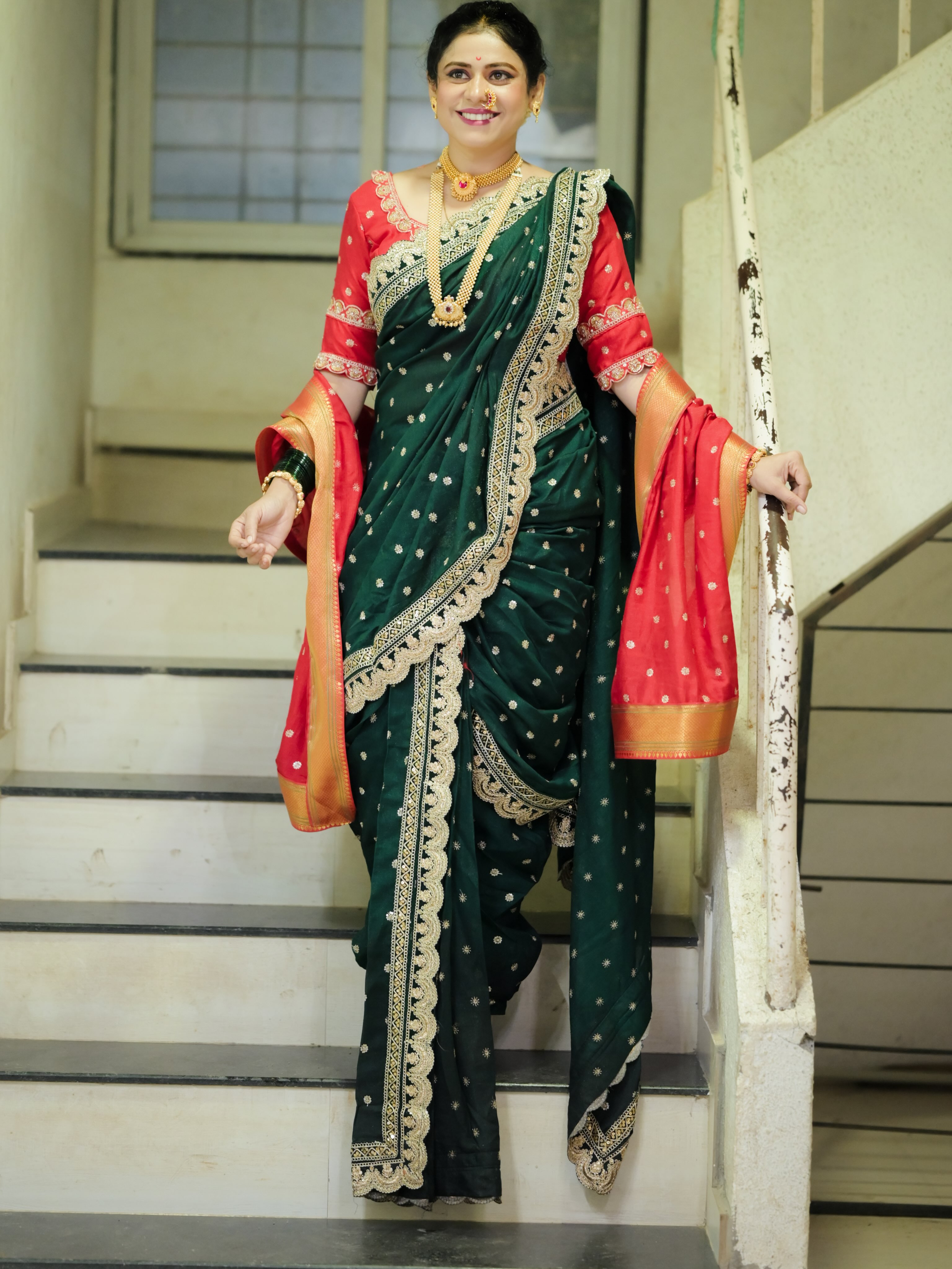 Ashvini Mahangade Green Nauvari Saree Look