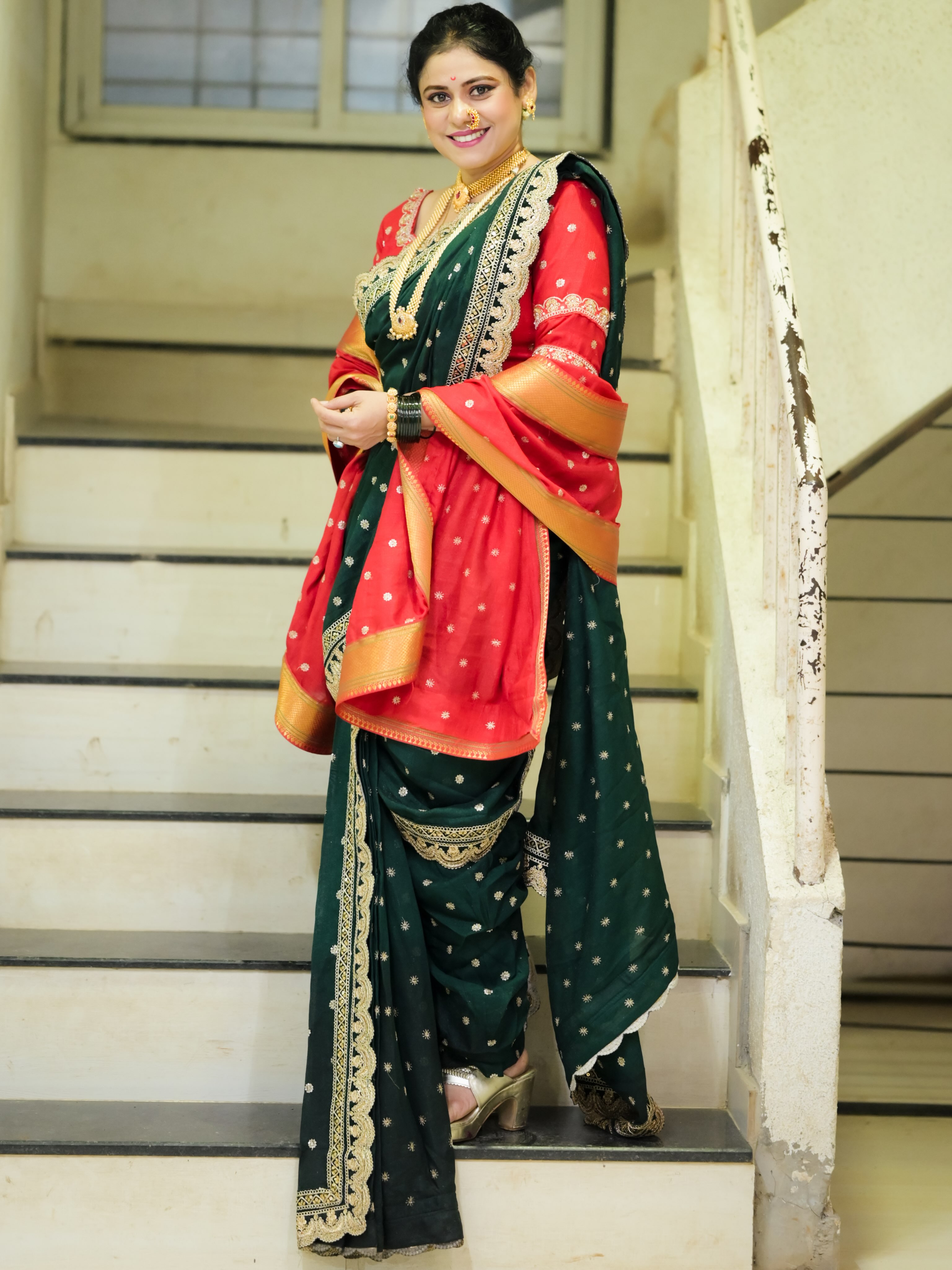 Ashvini Mahangade Green Nauvari Saree Look