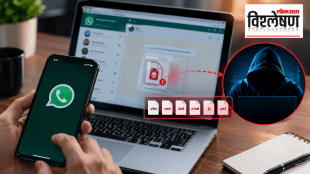 A smartphone displaying WhatsApp is shown in front of a laptop with a suspicious file attachment, warning icons, and a hooded cybercriminal graphic, highlighting the risk of malicious files shared through WhatsApp.