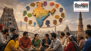 A realistic editorial collage depicting India’s linguistic diversity, with a map of India surrounded by multiple Indian scripts, a diverse group of people communicating, the Constitution of India, translation technology, Mumbai landmarks and a Ganesh festival.