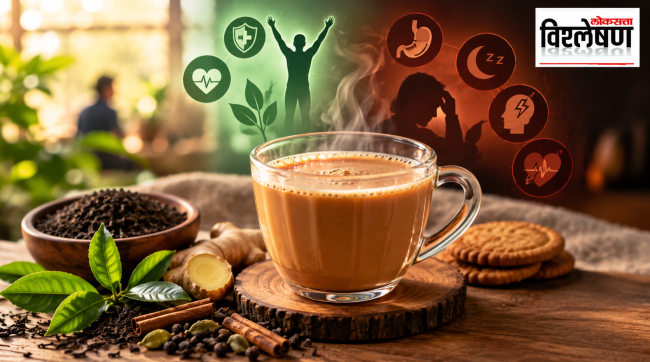 A steaming cup of milk tea surrounded by tea leaves, ginger, spices and biscuits, with visual symbols representing the potential health benefits and risks of tea.
