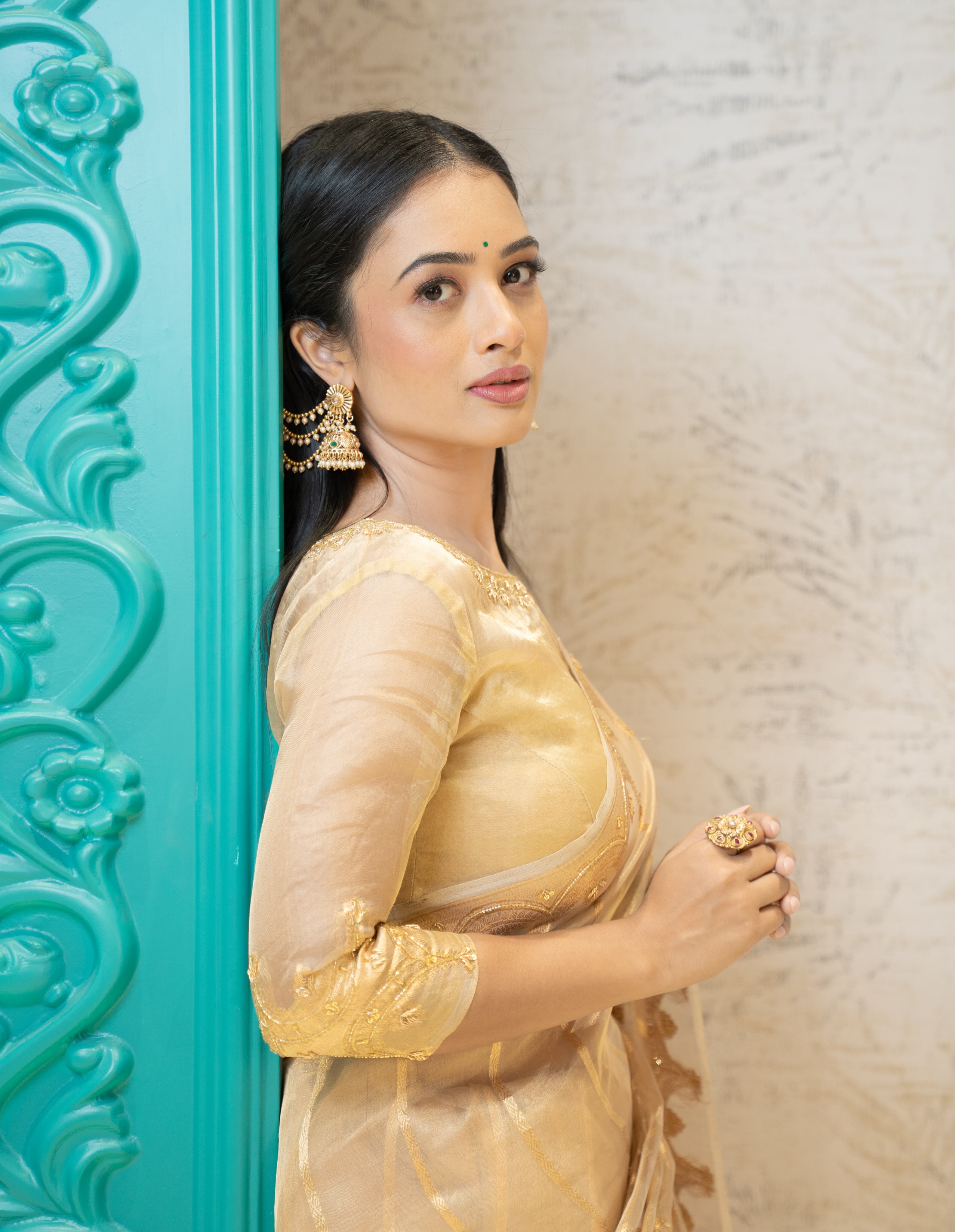 Girija Prabhu Golden Saree Look