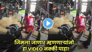 Woman cleaning worker using a cross trainer at a gym in a viral inspiring workout video