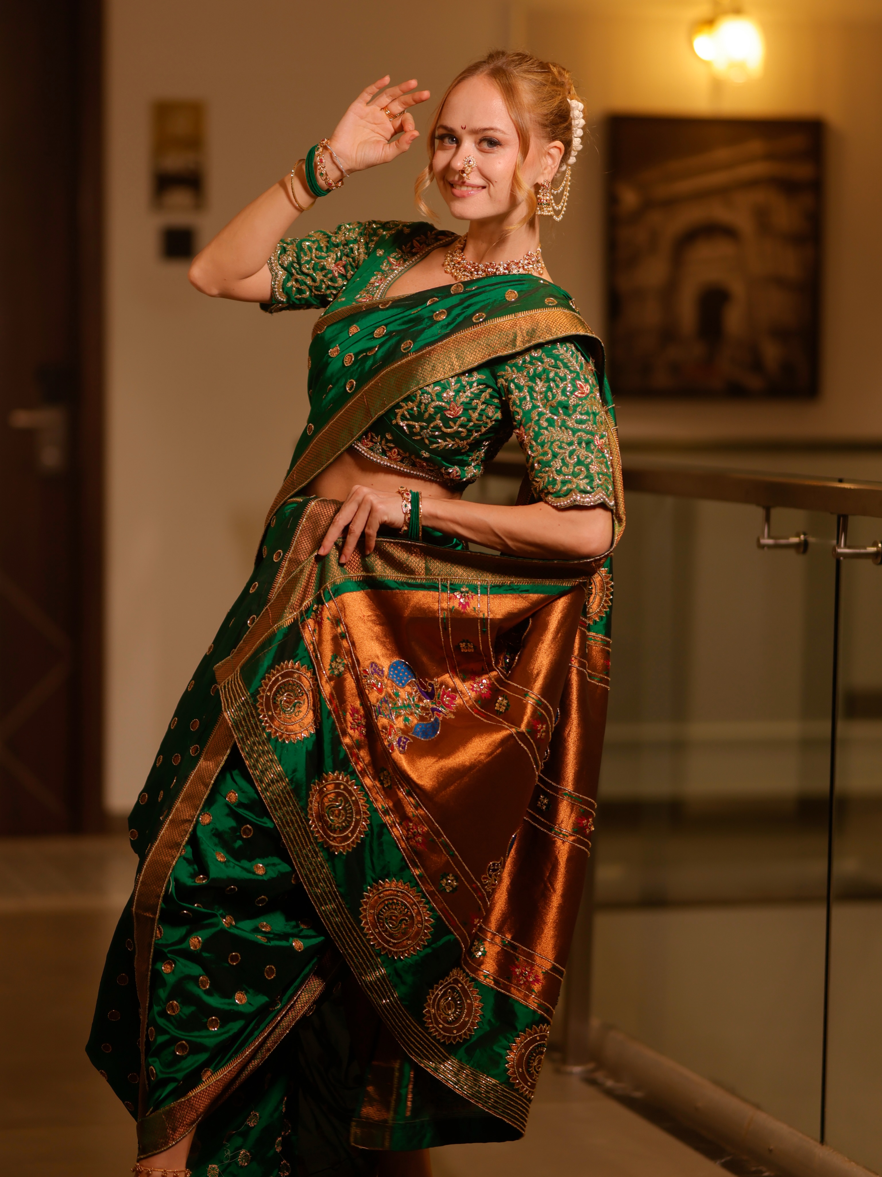 Irina Rudakova Green Nauvari Saree Look