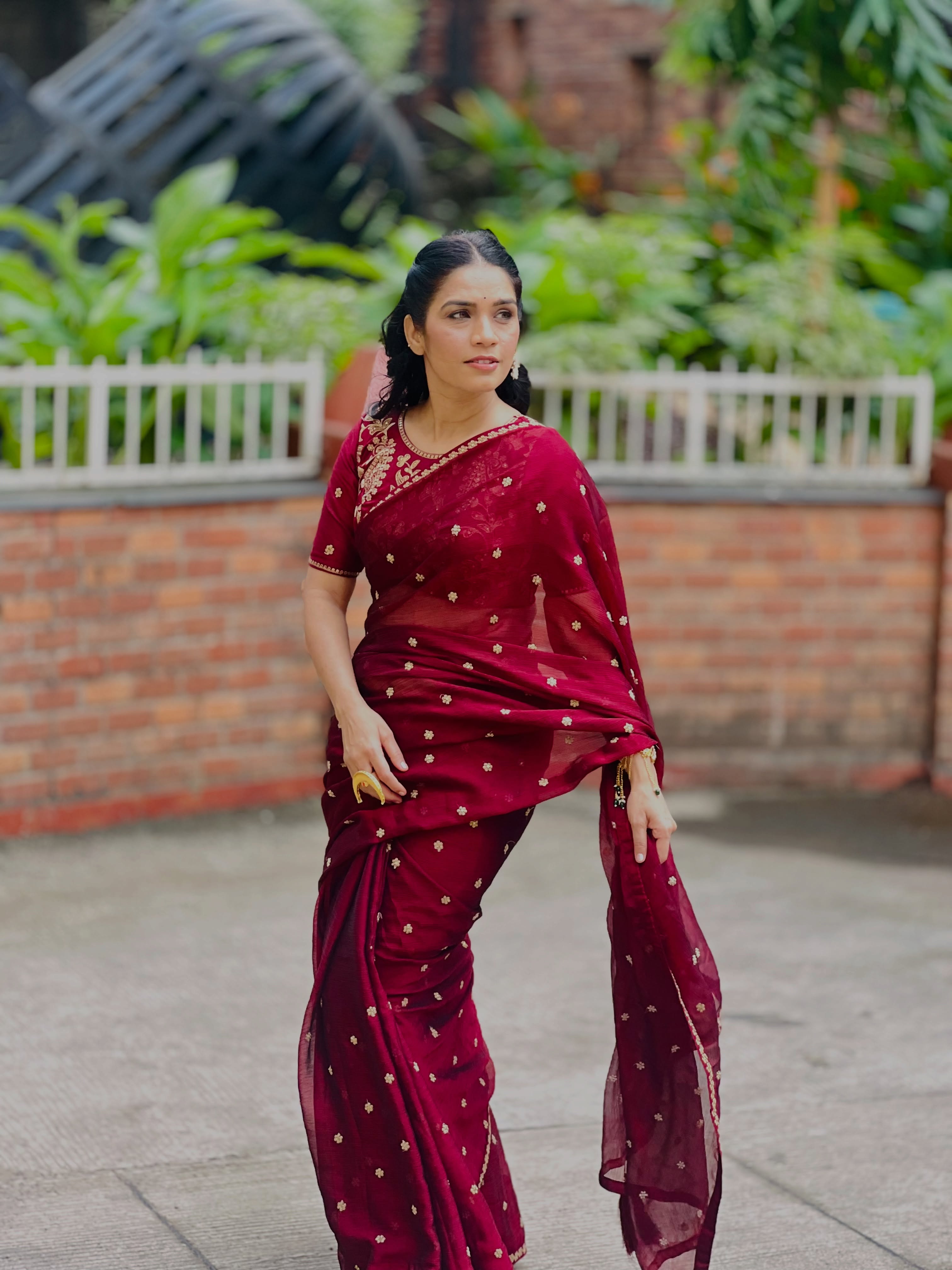 Meenakshi Rathod Maroon Deisgner Saree Look