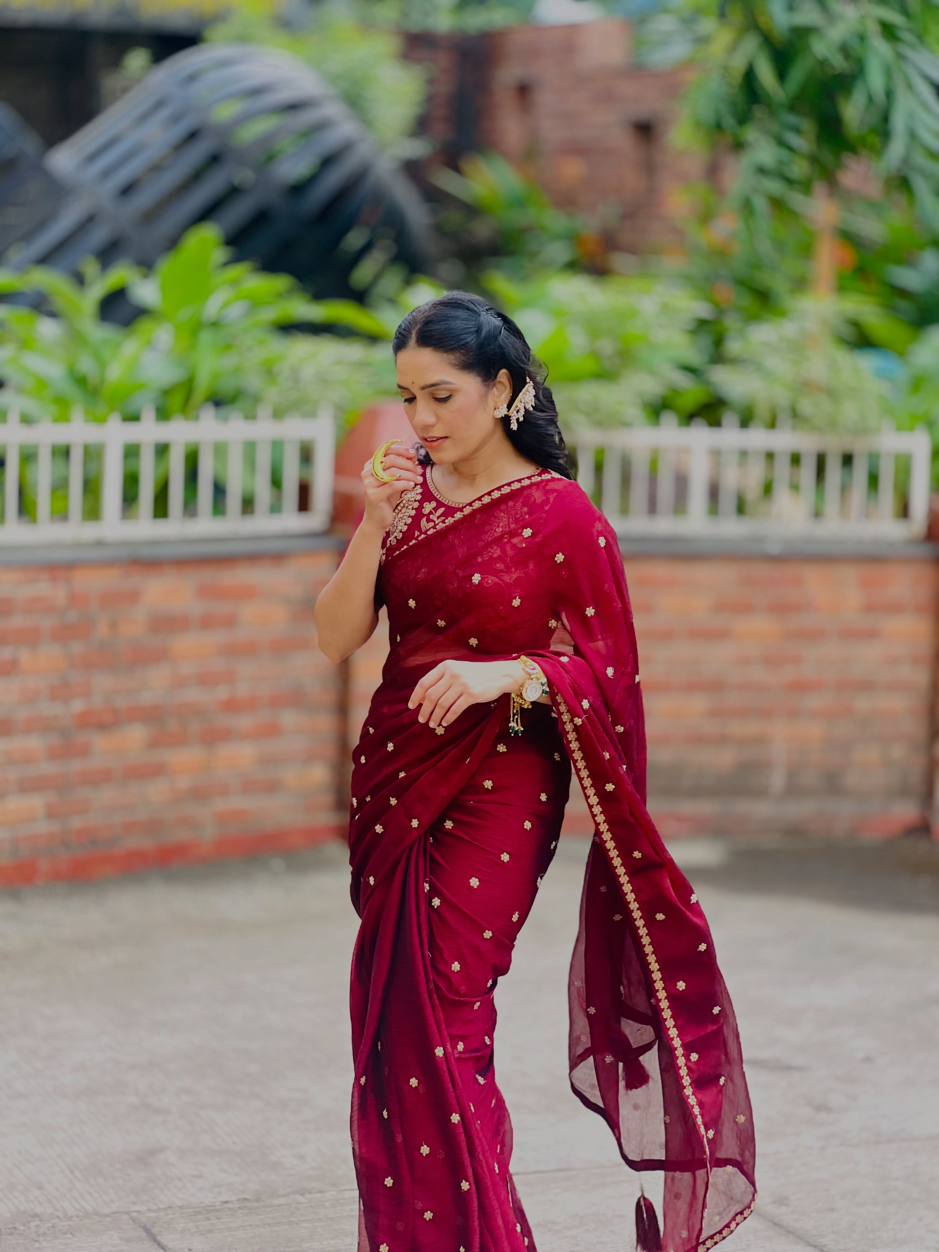 Meenakshi Rathod Maroon Deisgner Saree Look