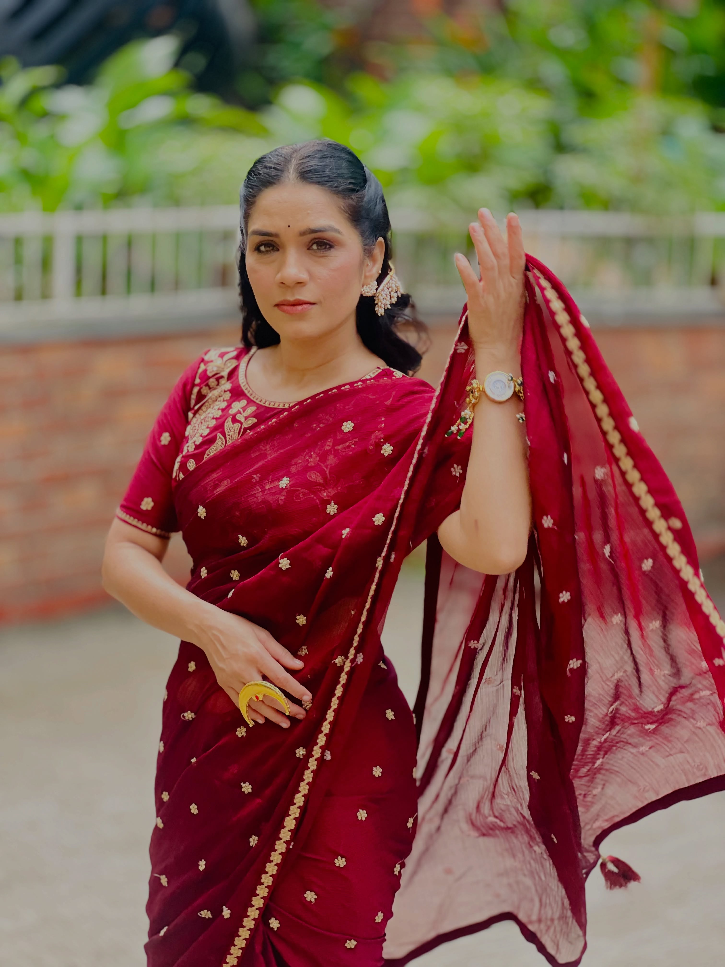 Meenakshi Rathod Maroon Deisgner Saree Look