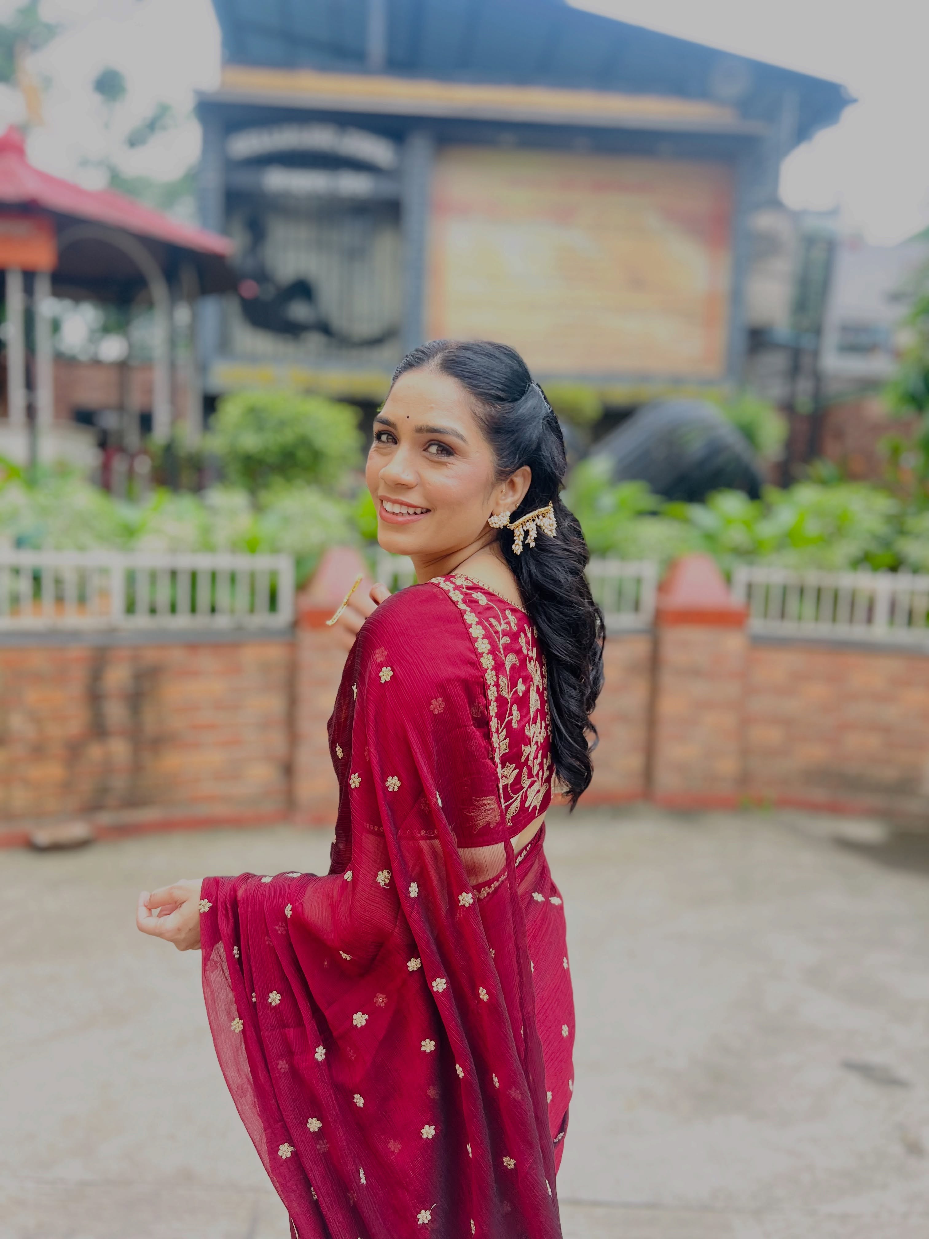 Meenakshi Rathod Maroon Deisgner Saree Look
