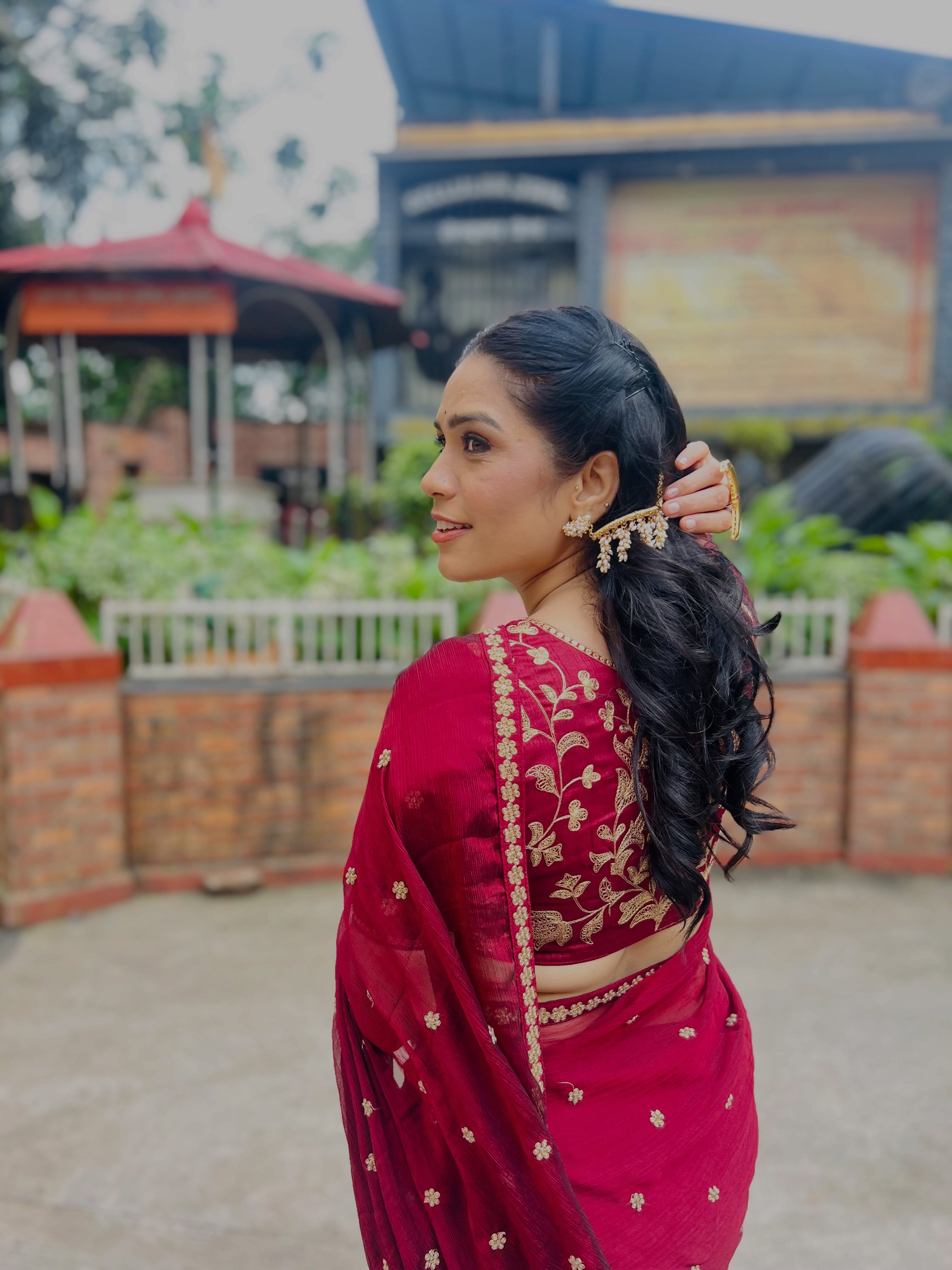 Meenakshi Rathod Maroon Deisgner Saree Look