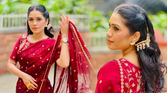 Meenakshi Rathod Maroon Deisgner Saree Look