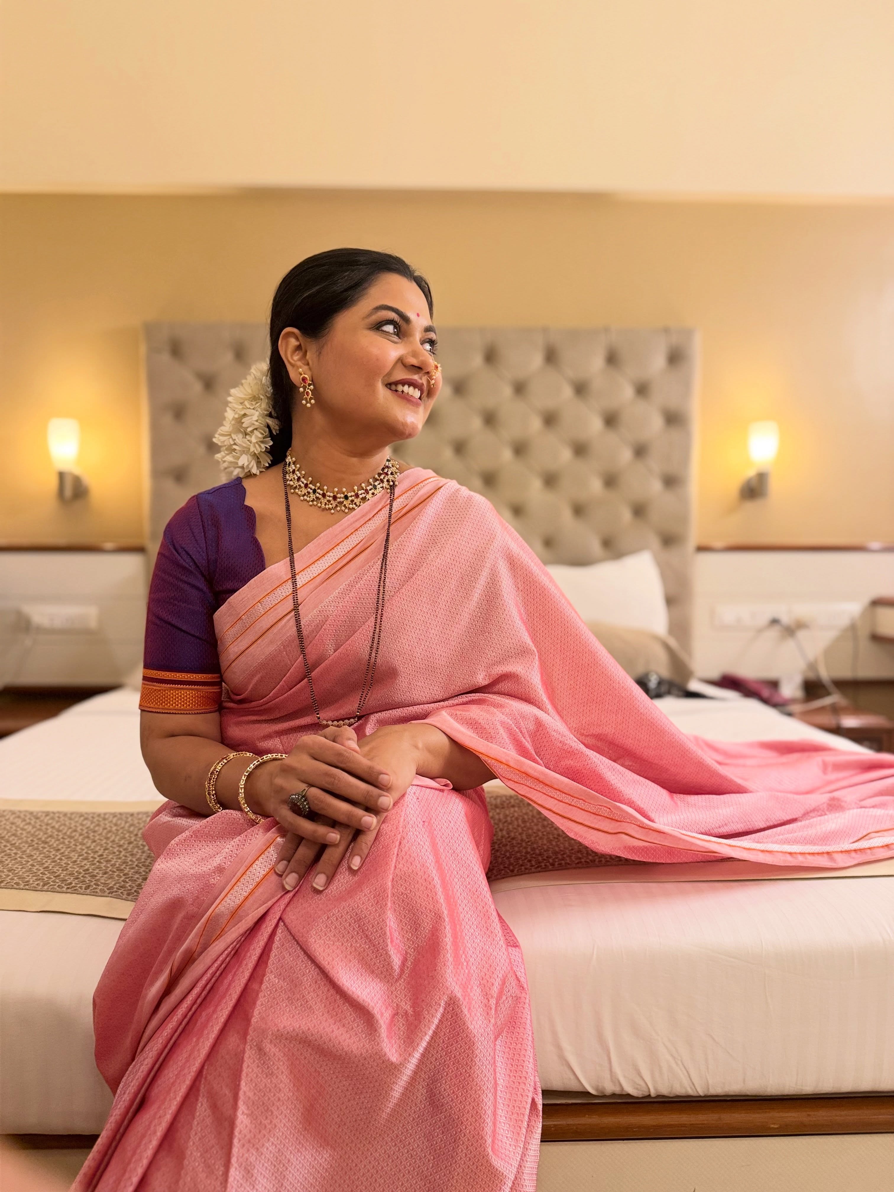 Namrata Sambherao Baby Pink Khun Saree Look