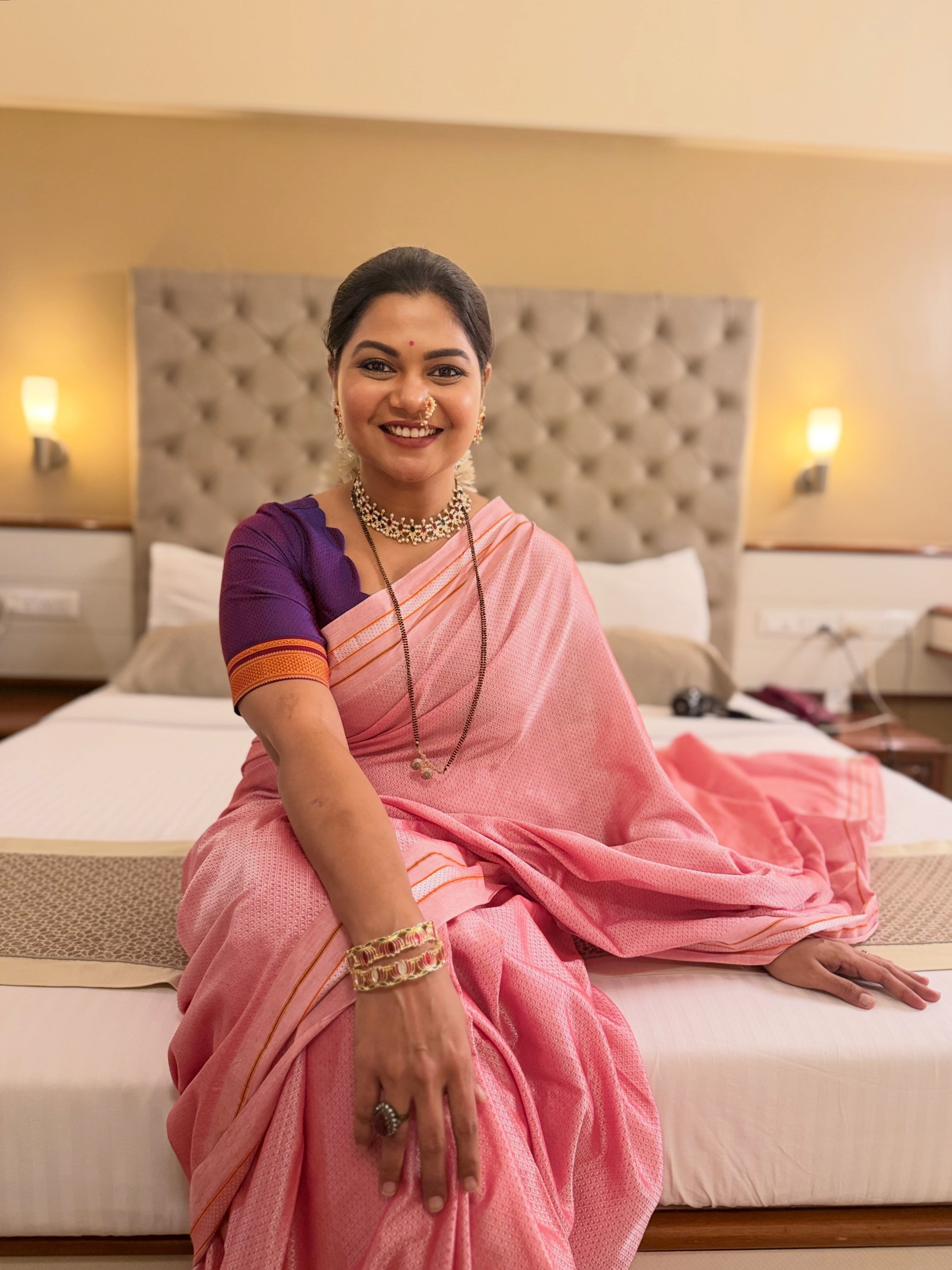 Namrata Sambherao Baby Pink Khun Saree Look