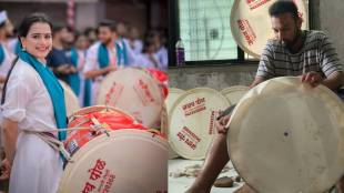 solapur tembhurni dhol tasha making for ganeshotsav | traditional musical instruments craftsman akshay pol tembhurni | goat leather price hike for dhol tasha solapur | ganeshotsav traditional dhol tasha demand maharashtra