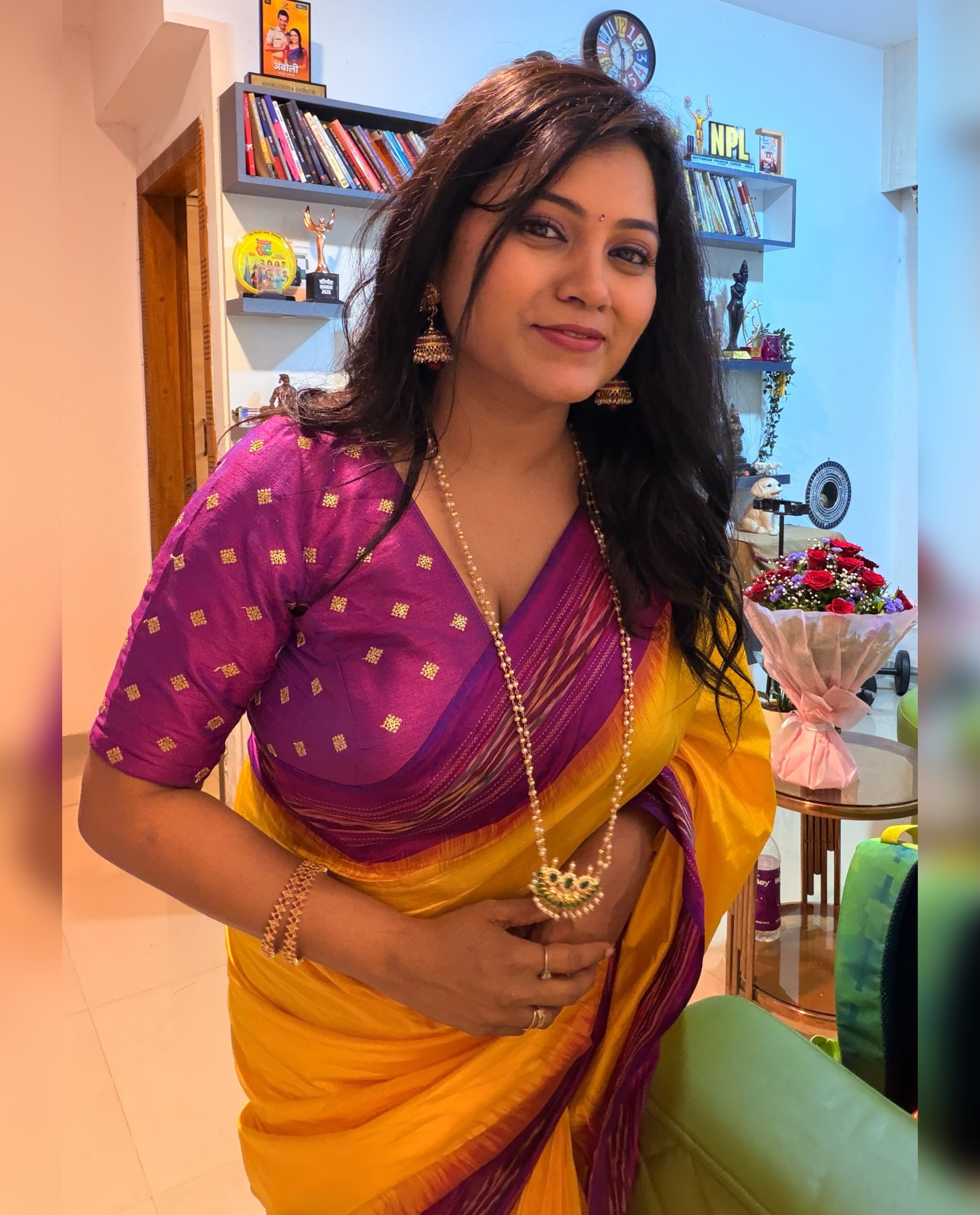 Rasika Vengurlekar Yellow Saree Look