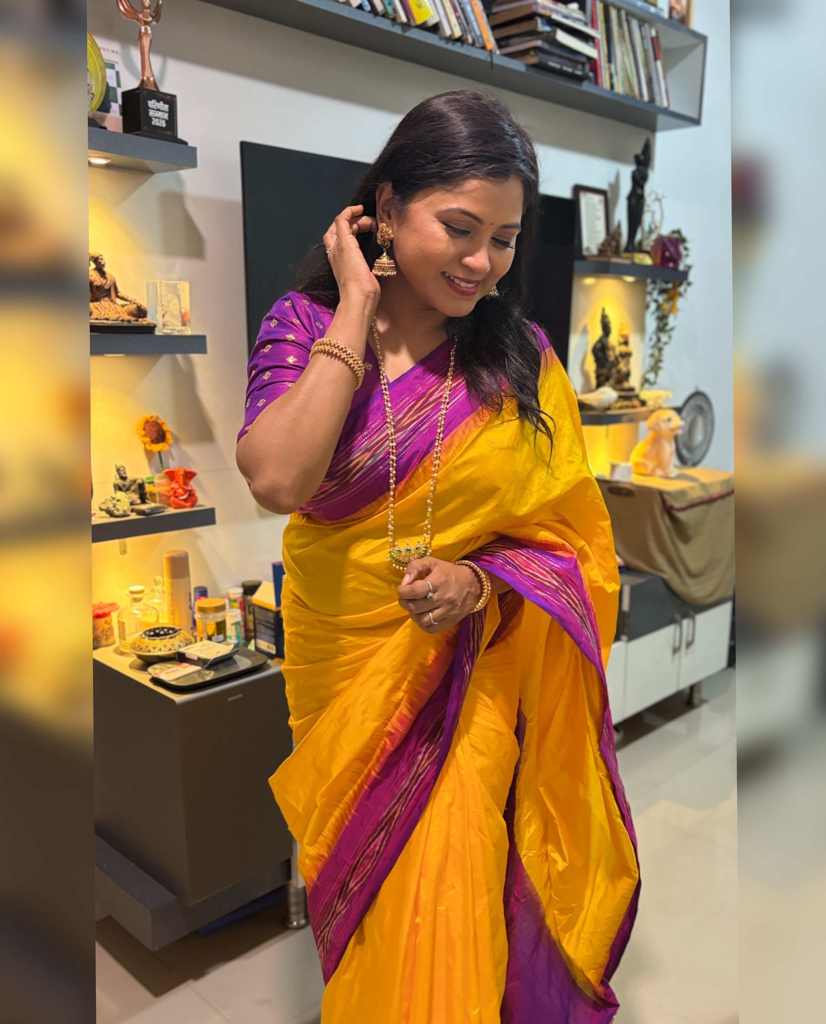 Rasika Vengurlekar Yellow Saree Look
