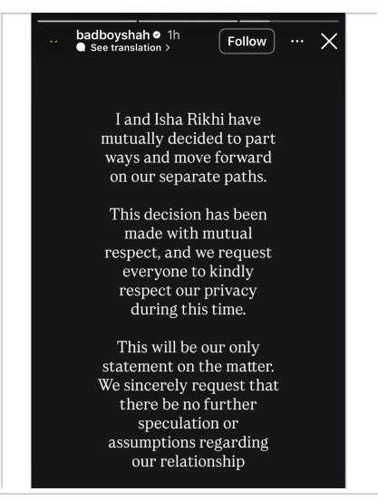 Badshah Isha Rikhi Divorce Announcement Instagram Post