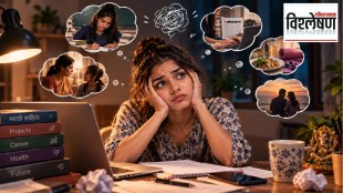 A young woman sits overwhelmed at a desk surrounded by books, a laptop, notes and multiple tasks, while scenes of studying, cooking, family responsibilities and time pressure appear around her, illustrating multitasking and mental overload.