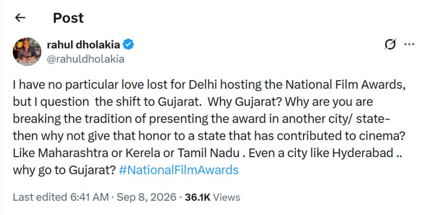 Rahul Dholakia questions National Film Awards being moved out of Delhi