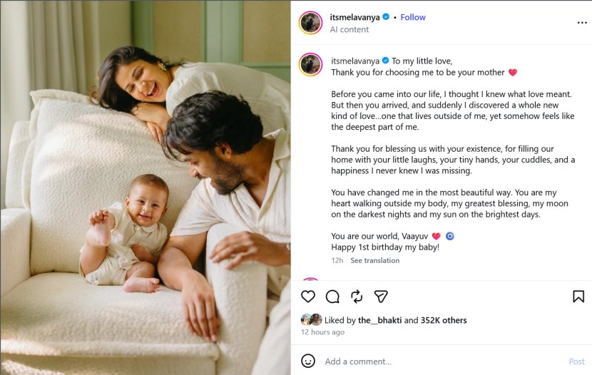 Lavanya Tripathi share first photos revealing son Vaayuv face on 1st birthday