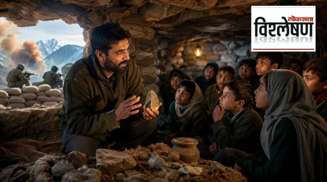 A teacher holds a stone while teaching a group of children inside a rocky cave used as a makeshift classroom, with soldiers and sandbags visible outside against a mountainous backdrop.