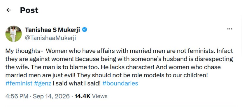 tanisha-mukerji-viral-post-married-men-affairs