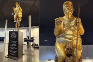 Golden naked Trump statue installed at European Parliament