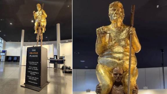 Golden naked Trump statue installed at European Parliament