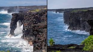 Holei Sea Arch collapse in Hawaii Volcanoes National Park | Famous natural stone sea arch before collapsing into Pacific Ocean | हवाई मधील ५०० वर्षे जुनी प्रसिद्ध होलेई सी आर्च समुद्रात कोसळली | हवाई व्होल्केनोझ नॅशनल पार्क मधील नैसर्गिक दगडी कमान