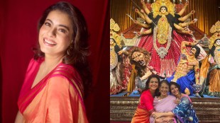 Kajol Devgan Orange Saree Look Durga Puja