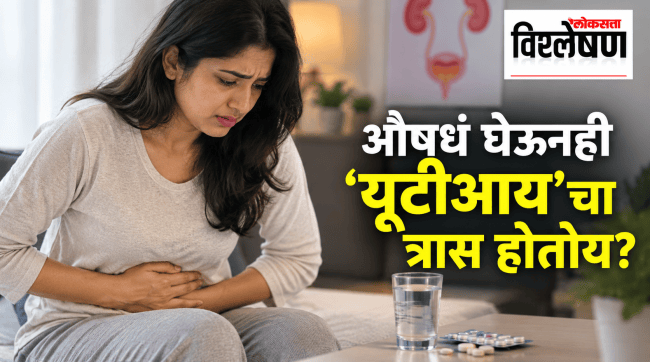 A woman experiencing lower abdominal pain sits beside a glass of water and medication, with a urinary system illustration in the background. The image features the Marathi headline “औषधं घेऊनही ‘यूटीआय’चा त्रास होतोय?” and the Loksatta Vishleshan logo.