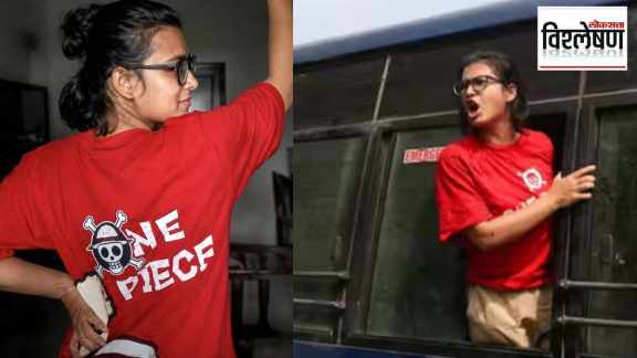 AISA President Neha Bora wearing a red One Piece anime Straw Hat Pirates t-shirt at Delhi protest