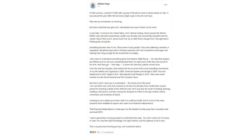 NITO Founder Abhijeet Rege Investment Journey
