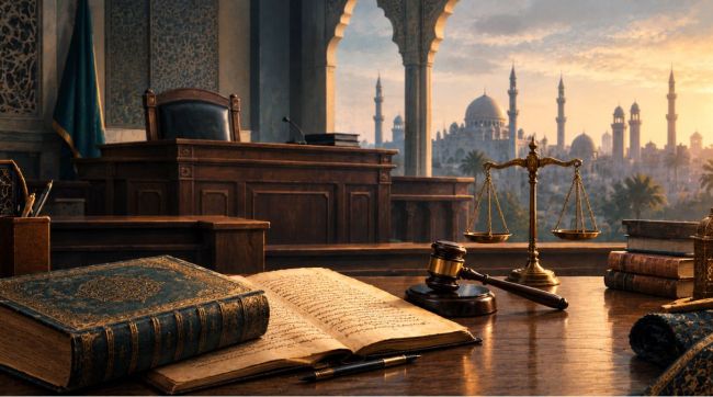 Sharia Law Death Penalty and Islamic Law Capital Punishment represented by courtroom scales of justice representing islamic countries such as saudi arabia, iran and others