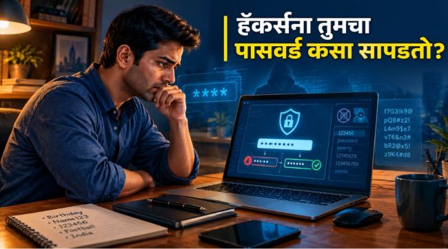 Weak Password Security Risks and Common Password Hacking Methods illustrated through a cybersecurity dashboard and vulnerable digital account